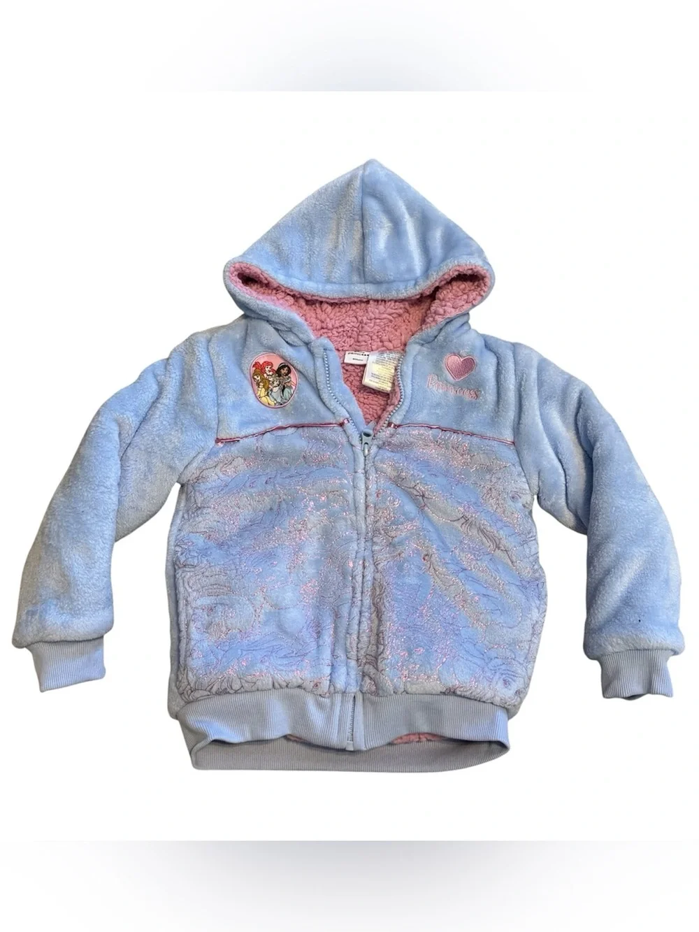 Disney Princess Girls Zip Hoodie Jacket Size 6 Sherpa Belle Ariel Cinderella